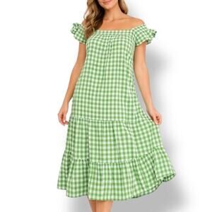 Draper James RSVP Green Gingham Plaid Cotton Midi Dress Ruffle Sleeves Medium